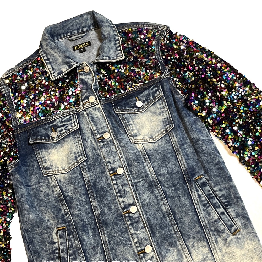 KROIX Denim & Sequin Mesh Dress Size M Glitzy Cowgirl Western Button Down Midi